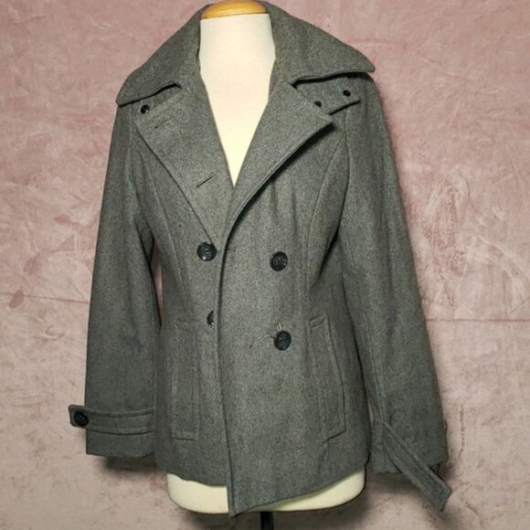 Calvin Klein Womens Grey Button Down Wool Winter Long Sleeve Hood Peacoat Size 4 - Picture 1 of 5